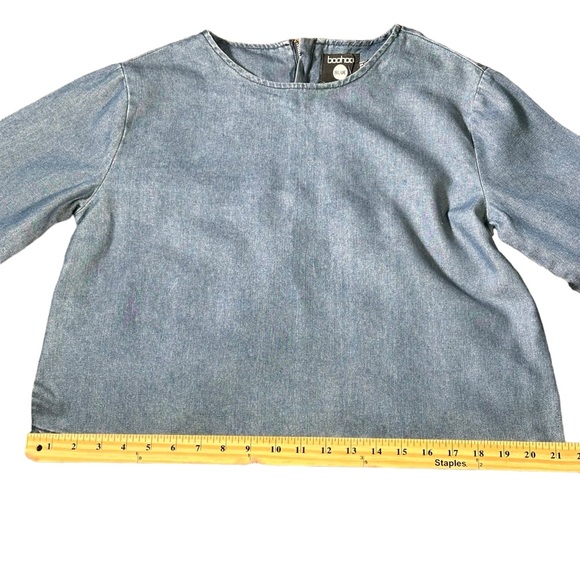 Boohoo Jennifer Flute Sleeve Denim Top Dark Blue Size US 8 UK 12 - Picture 6 of 14